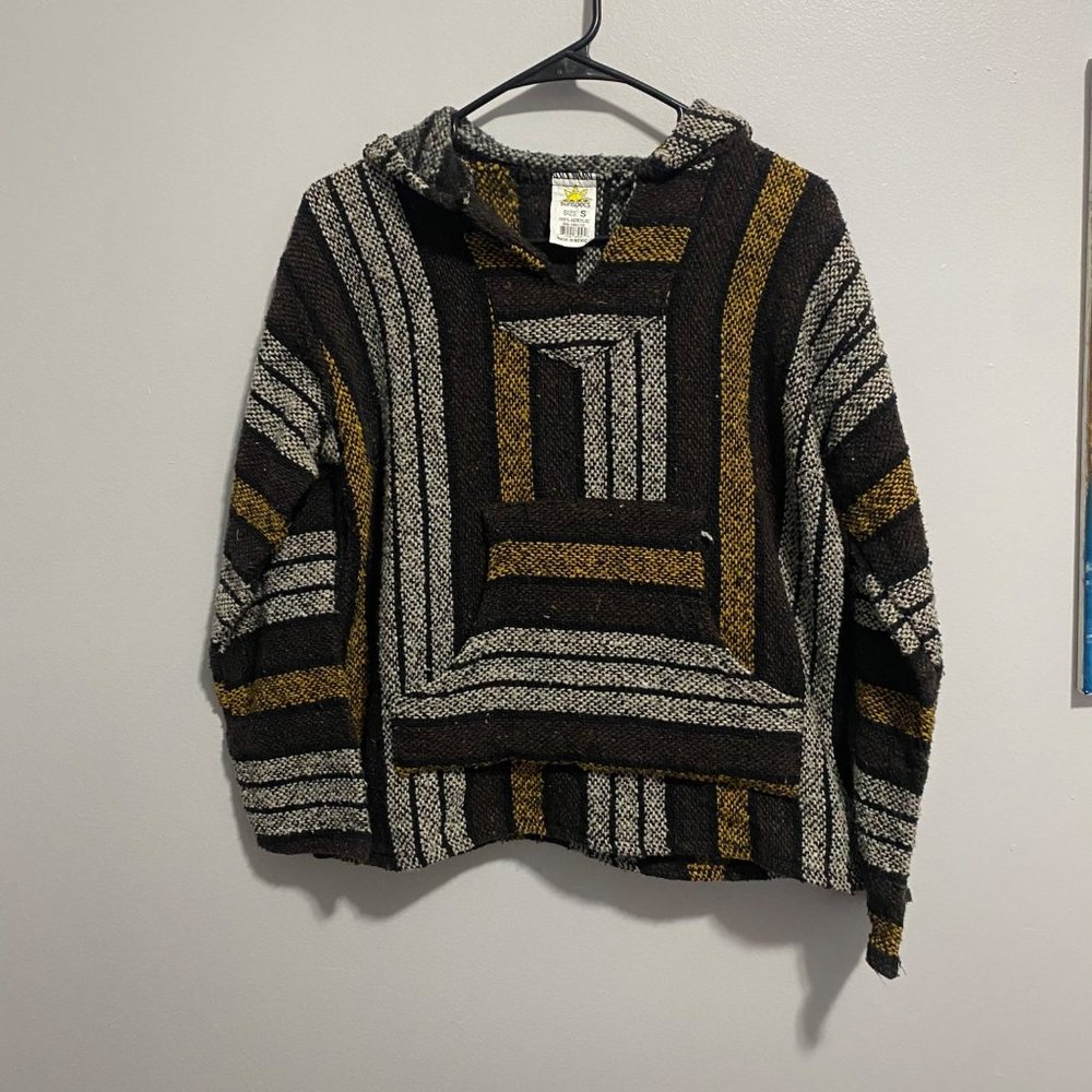 Baja Hoodie Drug Rug Mens Pullover Pancho Yellow Brown Size Small
